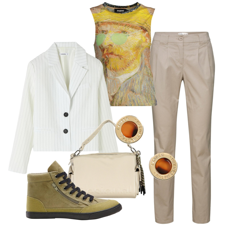 Outfit donna - Van Gogh. Stile Basic per Tutti i giorni. Abbinamento con pantaloni chino, sneakers, blazer, orecchini, canottiere, borse a spalla.