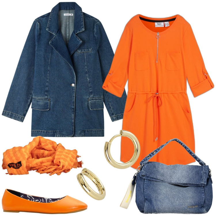 Outfit donna - Total look #1841413. Stile Casual chic per Tutti i giorni. Abbinamento con vestiti midi/longuette, ballerine, blazer, orecchini, borse a spalla, sciarpe.