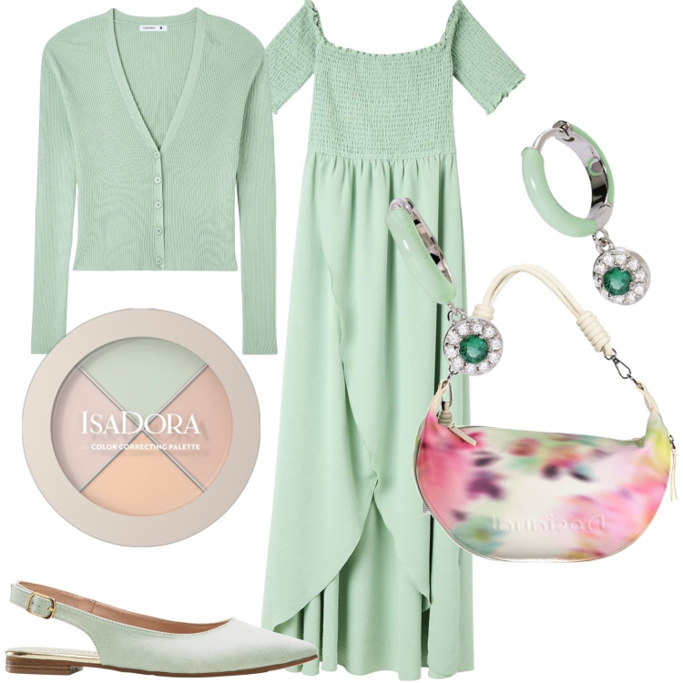 Outfit donna - Ballerine. Stile Casual per Tutti i giorni. Abbinamento con ballerine, primer, vestiti lunghi, cardigans, orecchini, borse a spalla.