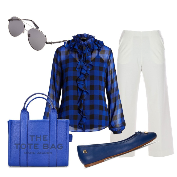 Outfit donna - Bianco e bluette energia ed eleganza. Stile Chic per Tutti i giorni. Abbinamento con top, ballerine, pantaloni, shopping bag, occhiali da sole.