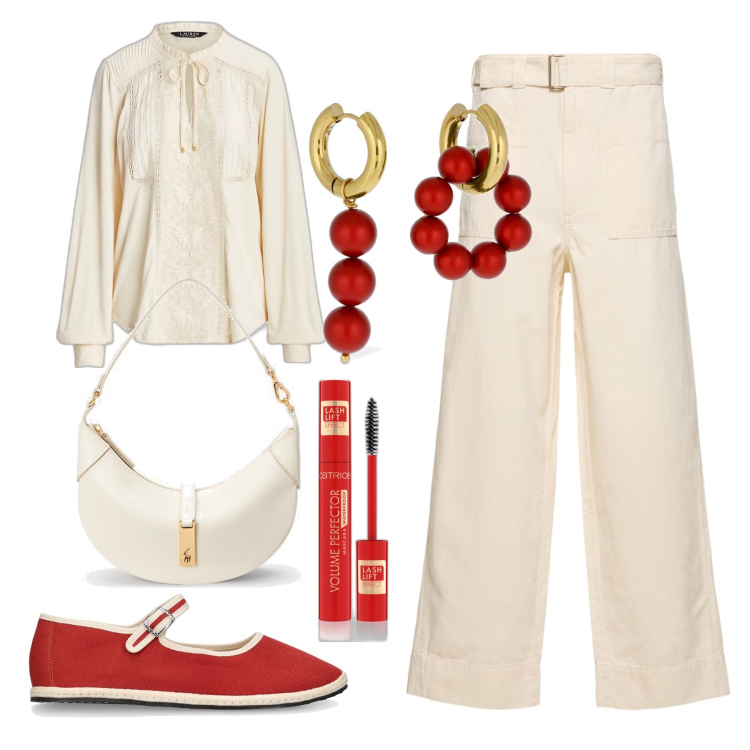 Outfit donna - Mary jane rosse. Stile Casual chic per Tutti i giorni. Abbinamento con mascara, borse a spalla, bluse, ballerine, orecchini, pantaloni.
