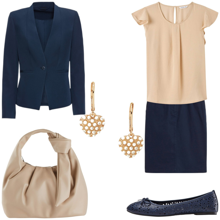 Outfit donna - Le ballerine traforate blu. Stile Bon Ton per Tutti i giorni. Abbinamento con blazer, borse a mano, gonne, ballerine, bluse, orecchini.