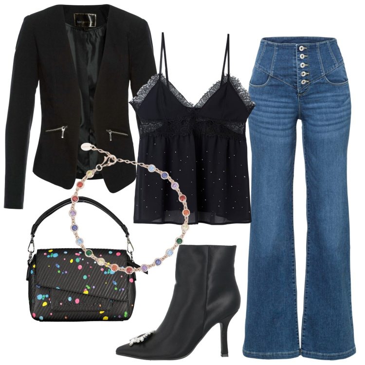 Outfit donna - Jeans Moderni e facili da abbinare. Stile Casual per Serata fuori. Abbinamento con blazer, jeans a zampa, stivaletti, canottiere, braccialetti, borse a spalla.