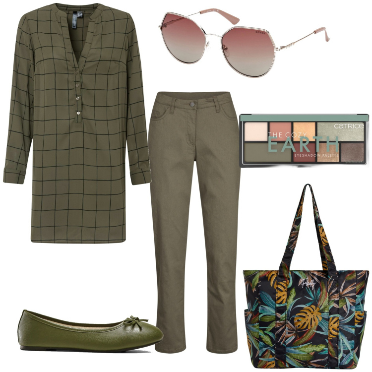 Outfit donna - Blusa lunga e ballerine. Stile Basic per Tutti i giorni. Abbinamento con bluse, ballerine, pantaloni, ombretti, shopping bag, occhiali da sole.