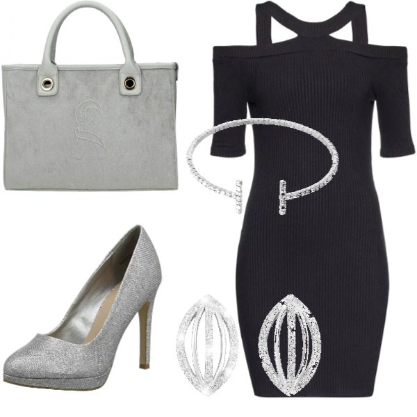 Outfit donna - Serata fuori. Abbinamento con borsa a mano, vestito a coste con spalle scoperte aderente nero, scarpe col tacco argento, orecchini glitter in ottone rodiato, bracciale.