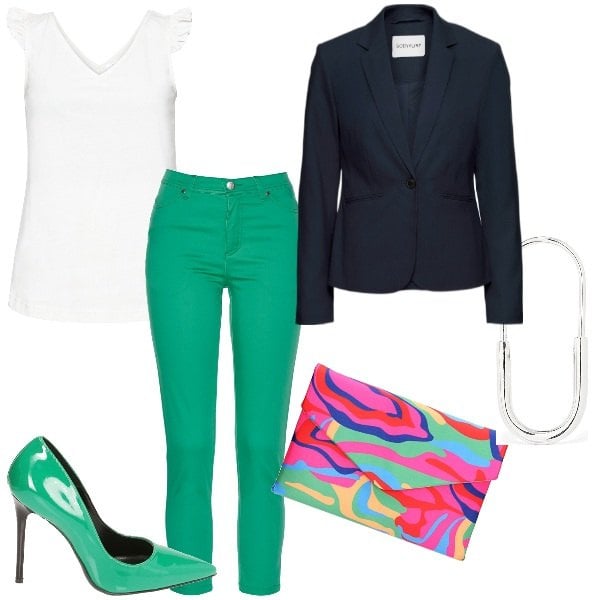 Outfit donna - Total look #1841483. Abbinamento con top, blazer, pantaloni, décolleté, pochette, orecchini.