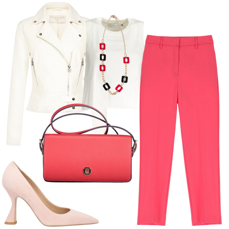 Outfit donna - City. Stile Casual chic per Tutti i giorni. Abbinamento con décolleté, giacche, pantaloni, borse a spalla, canottiere, ciondoli.