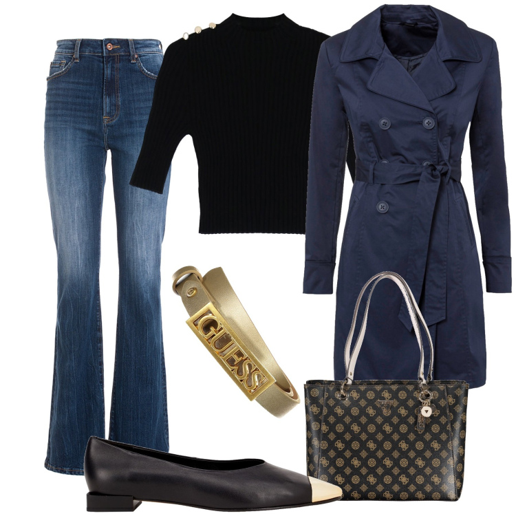 Outfit donna - Ballerine bon ton & jeans. Stile Casual chic per Tutti i giorni. Abbinamento con trench, ballerine, jeans bootcut, maglieria, borse a spalla, cinture.