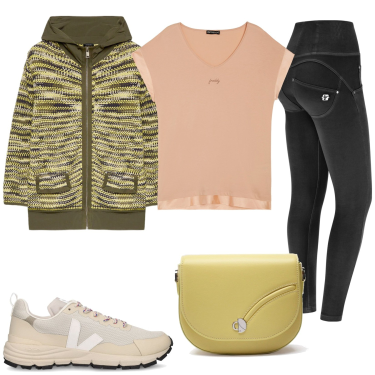 Outfit donna - Cardigan al posto della giacca. Stile Basic per Tutti i giorni. Abbinamento con pantaloni skinny, t-shirt, cardigans, sneakers, borse a tracolla.