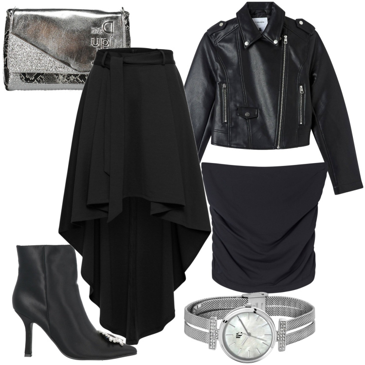 Outfit donna - Total black a basso costo. Stile Rock per Serata fuori. Abbinamento con gonne, stivaletti, orologi, top, giacche, borse a spalla.