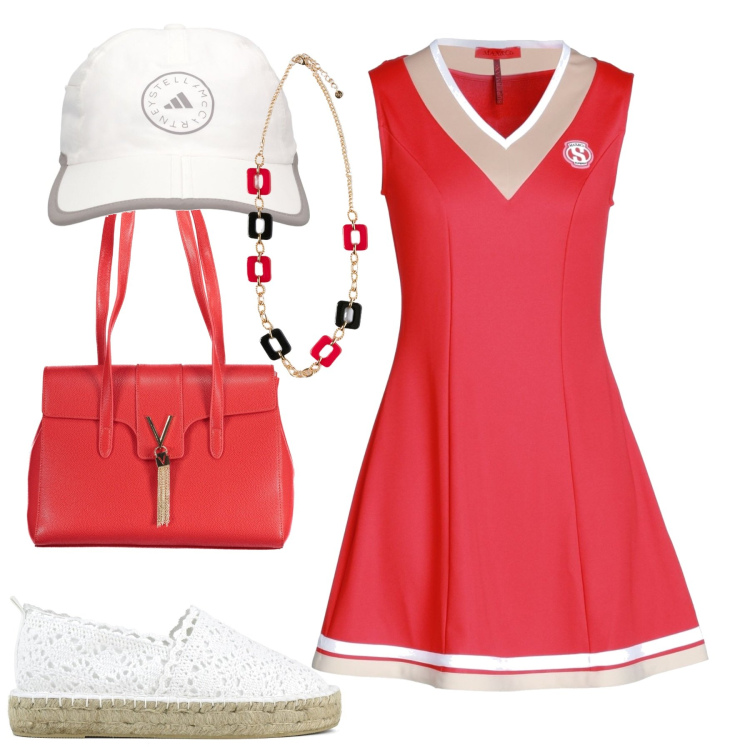 Outfit donna - Sporty chic. Stile Sporty chic per Tutti i giorni. Abbinamento con vestiti corti, espadrillas, cappelli, borse a spalla, ciondoli.