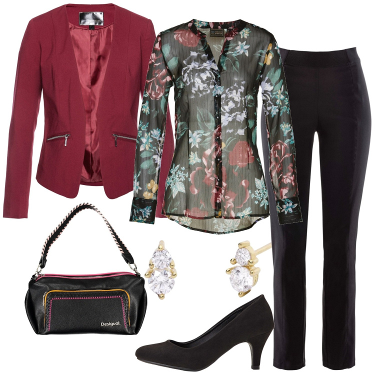 Outfit donna - venerdì in ufficio. Stile Casual chic per Ufficio. Abbinamento con blazer, décolleté, pantaloni, camicie, orecchini, borse a spalla.