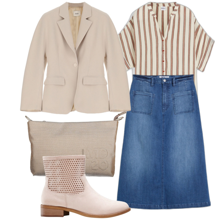 Outfit donna - In ufficio. Stile Bon Ton per Ufficio. Abbinamento con gonne longuette, camicie a manica corta, stivaletti, blazer, pochette.