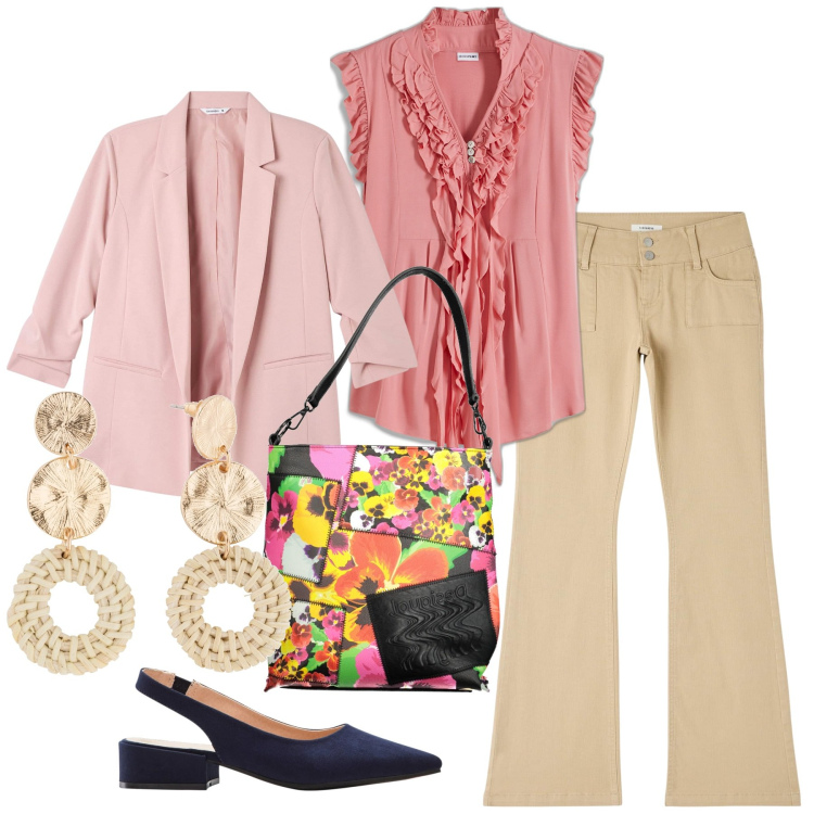 Outfit donna - Il rosa più frizzante. Stile Bon Ton per Tutti i giorni. Abbinamento con décolleté, orecchini, maglieria, pantaloni, blazer, borse a spalla.