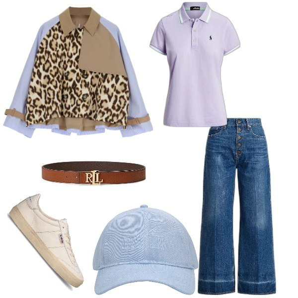 Outfit donna - prima giornata di sole. Stile Casual per Tutti i giorni. look ideale per Petite. Abbinamento con blazer, cinture, jeans, polo, sneakers, cappelli.