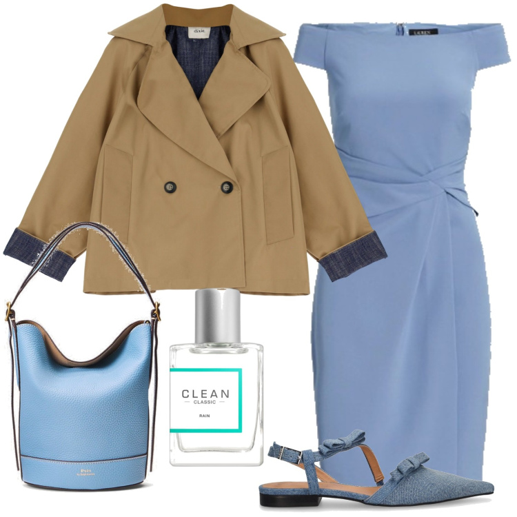 Outfit donna - Primavera tiepida. Stile Sporty chic per Tutti i giorni. Abbinamento con profumi, blazer, vestiti, borse a secchiello, ballerine.