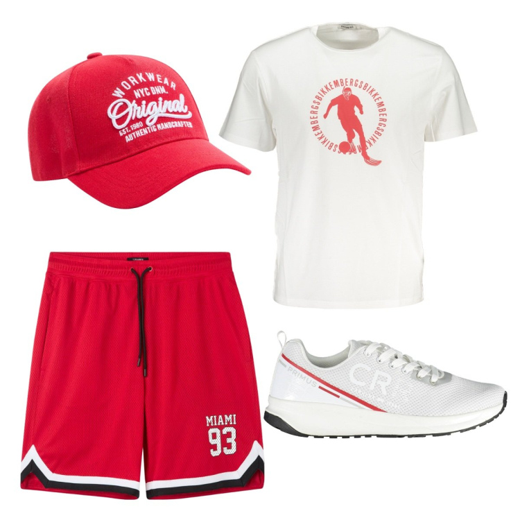 Outfit uomo - Sport a Primavera. Stile Casual per Sport. Abbinamento con cappelli, bermuda, t-shirt, scarpe sportive.
