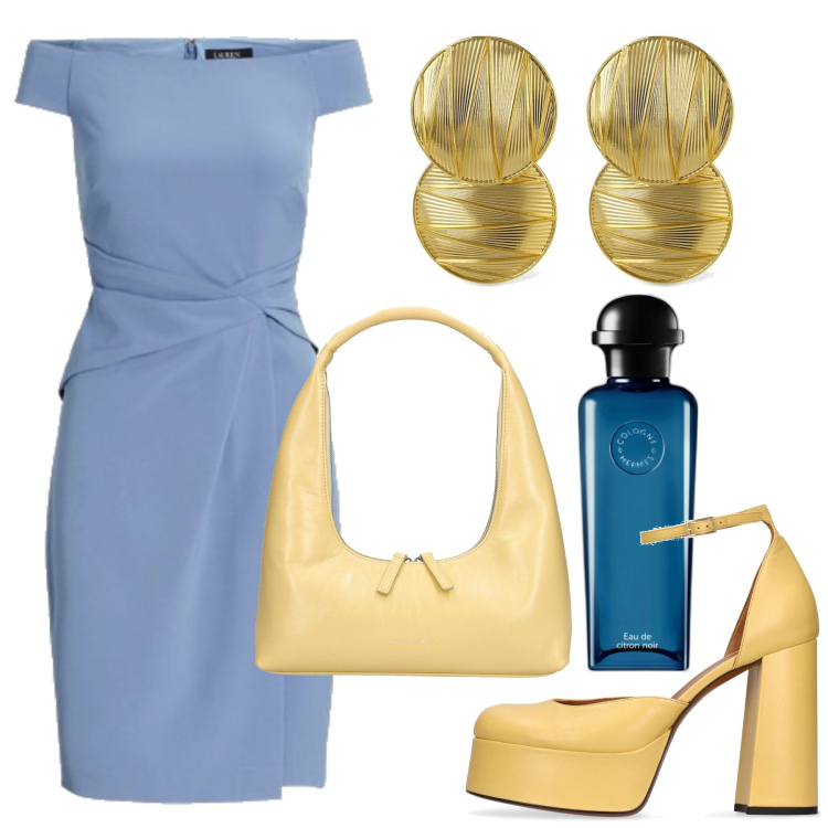 Outfit donna - Cerimonia azzurro cielo. Stile Chic per Cerimonia. Abbinamento con profumi, vestiti, décolleté, borse a spalla, orecchini.