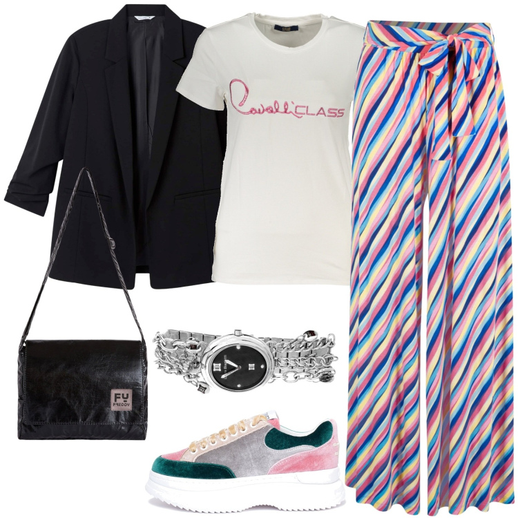 Outfit donna - Pantaloni larghi a righe. Stile Casual per Tutti i giorni. Abbinamento con pantaloni a palazzo, orologi, blazer, sneakers, borse a tracolla, t-shirt.