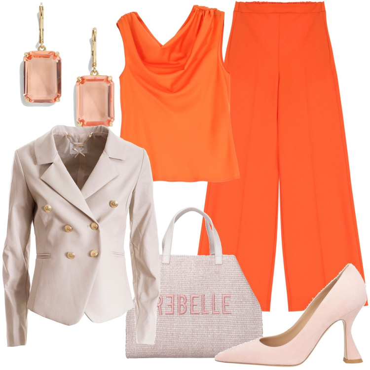 Outfit donna - Tonalità neutre abbinate all\'arancione. Stile Chic per Tutti i giorni. Abbinamento con décolleté, canottiere, pantaloni a palazzo, blazer, orecchini, shopping bag.