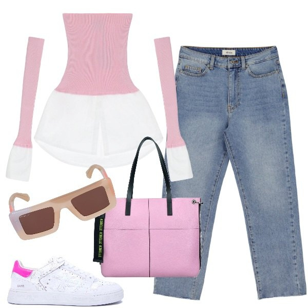 Outfit donna - Benvenuta primavera. Stile Casual chic per Tutti i giorni. Abbinamento con jeans slim fit, maglieria, occhiali da sole, sneakers, shopping bag.