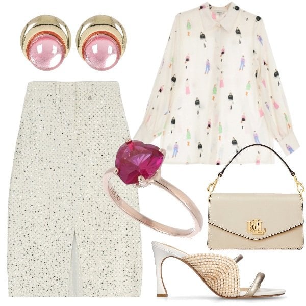 Outfit donna - Cerimonia light. Stile Bon Ton per Cerimonia. Abbinamento con borse a tracolla, camicie, gonne longuette, sandali in pelle, orecchini, anelli.