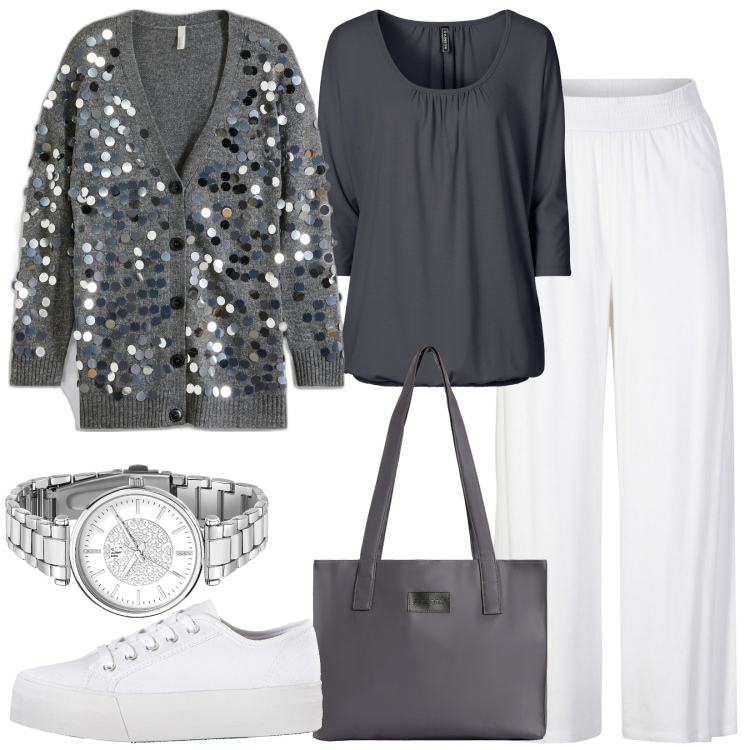 Outfit donna - Shop Bonprix. Stile Basic per Tutti i giorni. Abbinamento con pantaloni, sneakers, cardigans, maglieria, orologi, shopping bag.