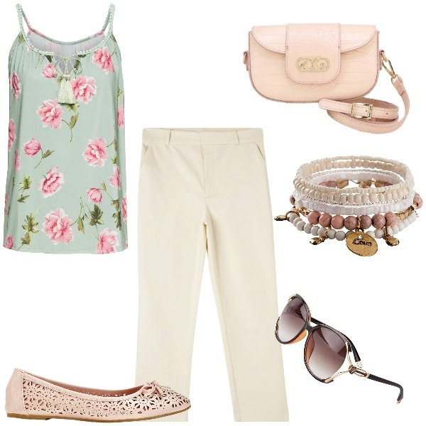 Outfit donna - Total look #1841597. Abbinamento con occhiali da sole, braccialetti, ballerine, top, pantaloni chino, pochette.