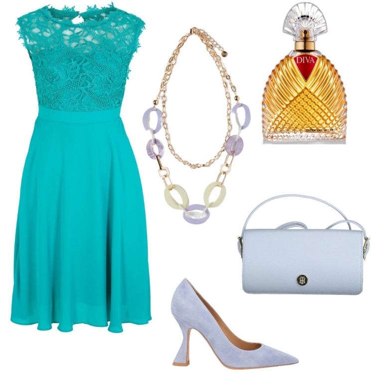 Outfit donna - Cerimonia estiva. Stile Chic per Cerimonia. Abbinamento con vestiti, décolleté, profumi, borse a spalla, ciondoli.