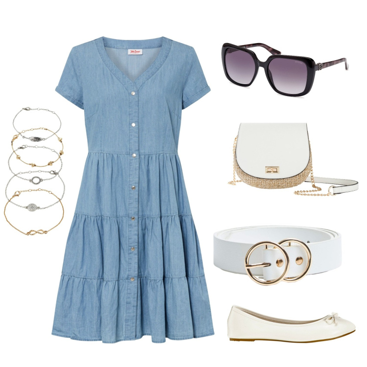 Outfit donna - Ballerina time. Stile Casual per Tutti i giorni. Abbinamento con borse a tracolla, ballerine, braccialetti con ciondoli, vestiti, cinture, occhiali da sole.