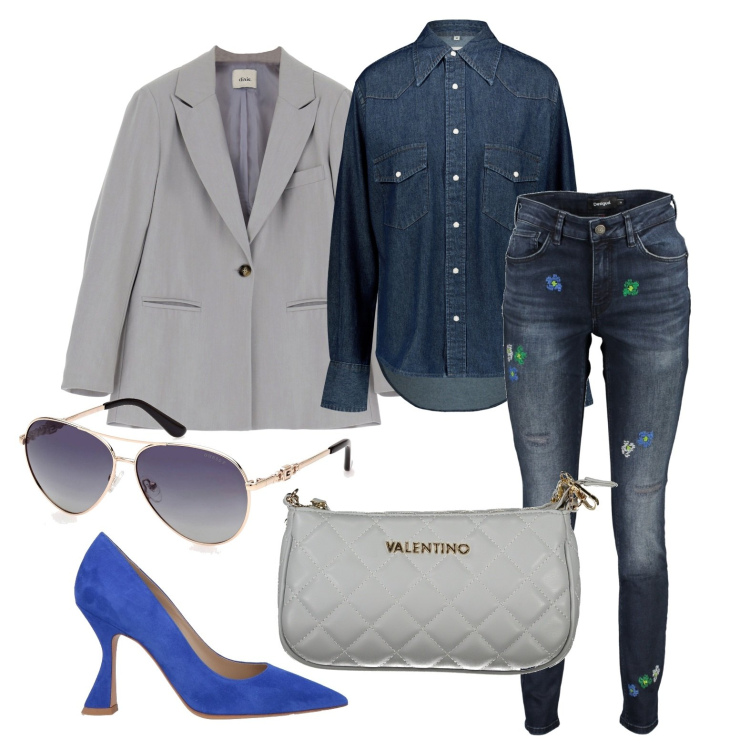 Outfit donna - Ghost outfitter - marzo. Stile Casual chic per Ufficio. Abbinamento con décolleté, blazer, camicie, jeans slim fit, occhiali da sole, borse a spalla.