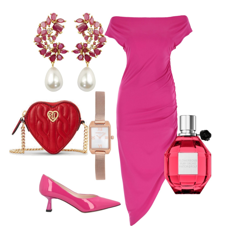 Outfit donna - Mood Barbiecore. Stile Glamour per Serata fuori. Abbinamento con orologi, orecchini, décolleté, profumi, pochette, vestiti lunghi.