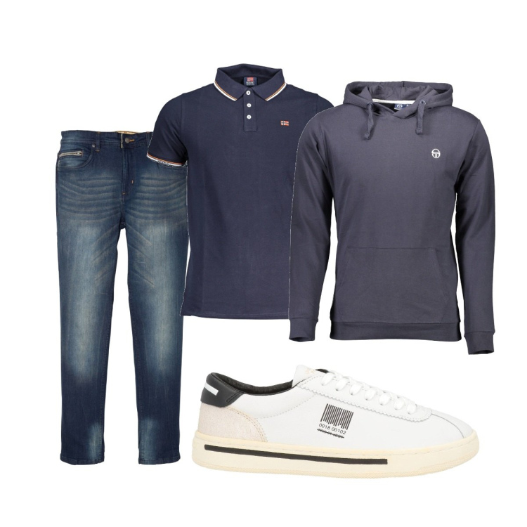 Outfit uomo - Total look #1841630. Stile Casual per Tutti i giorni. Abbinamento con jeans slim fit, sneakers, felpe con cappuccio, polo.
