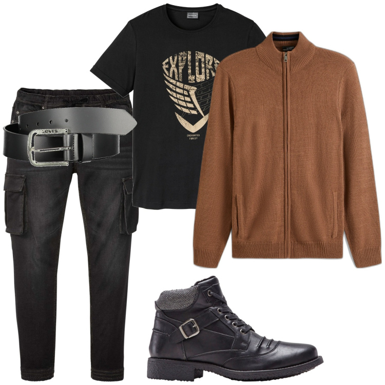Outfit uomo - Total look #1841635. Stile Trendy per Tutti i giorni. Abbinamento con t-shirt, jeans slim fit, stivali e stivaletti, cardigans, cinture.