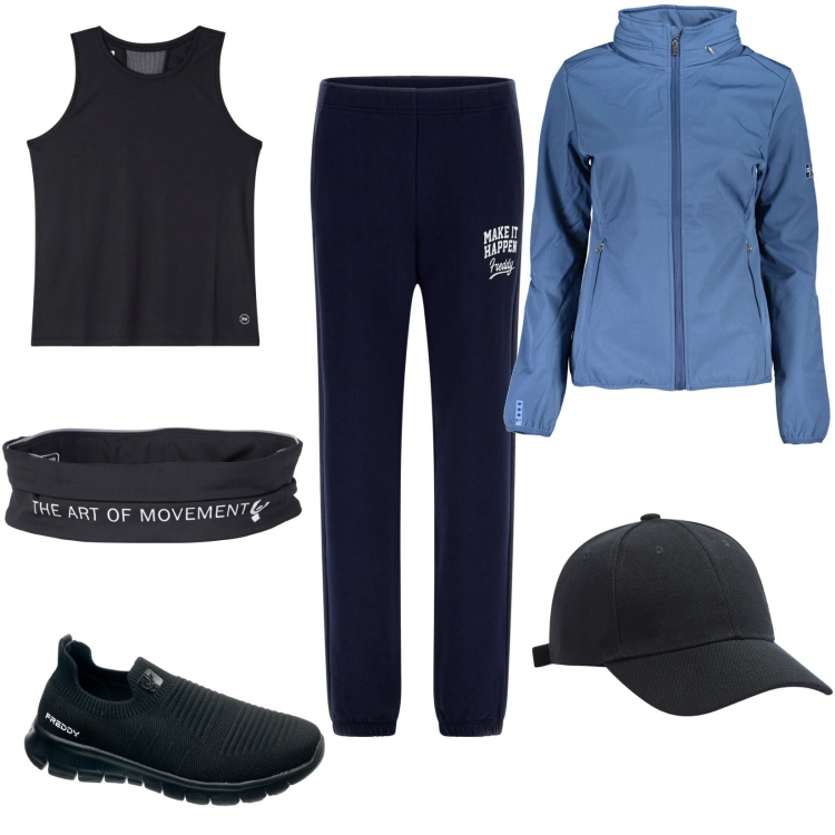 Outfit donna - Nero e.... Stile Minimal per Sport. Abbinamento con cappelli, top sportivi, pantaloni sportivi, marsupi, scarpe sportive, giacche sportive.