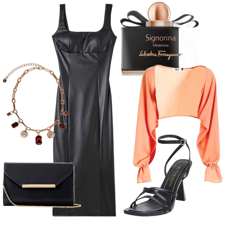 Outfit donna - Serata fuori. Stile Glamour per Serata fuori. Abbinamento con pochette, sandali col tacco, vestiti midi/longuette, profumi, blazer, collane.