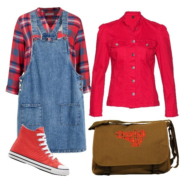 Outfit donna - Moda scuola anni \'80. Stile Casual per Scuola/Università. Abbinamento con salopette, camicie, blazer, sneakers alte, borse a spalla.