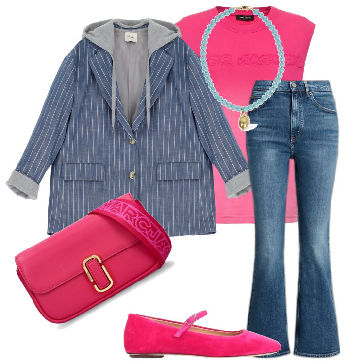 Outfit donna - Ballerina fucsia. Stile Casual chic per Serata fuori. Abbinamento con ballerine, blazer, jeans, collane, t-shirt, borse a spalla.