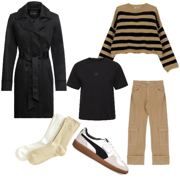 Outfit donna - sportivo con stile. Stile Urban per Tutti i giorni. look ideale per Petite. Abbinamento con trench, pantaloni cargo, pullovers, calzini, sneakers, t-shirt.