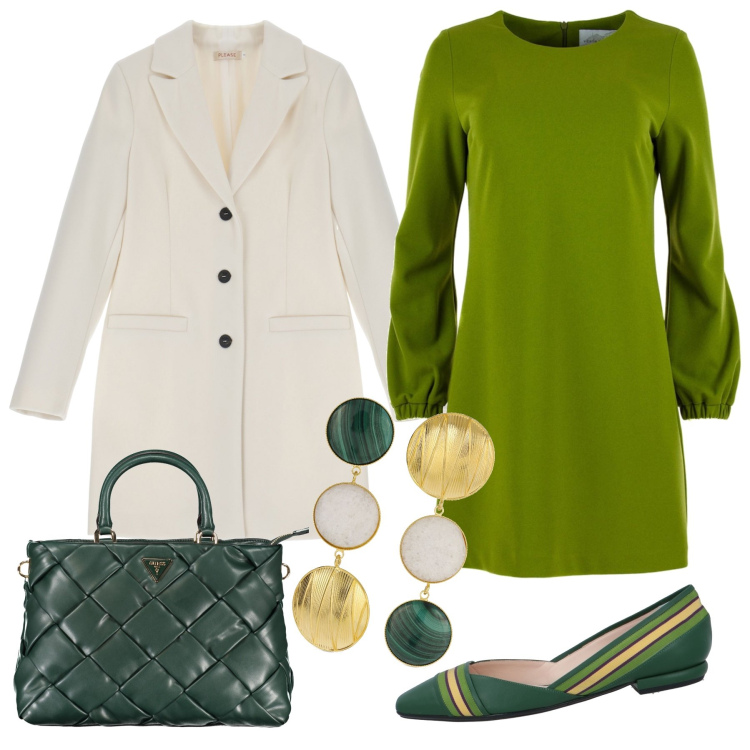 Outfit donna - Total look verde. Stile Bon Ton per Ufficio. Abbinamento con ballerine, cappotti, vestiti midi/longuette, collane, orecchini.