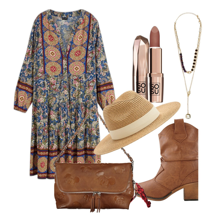 Outfit donna - Ghost outfitter - marzo. Stile Boho per Tutti i giorni. Abbinamento con stivaletti texani, vestiti corti, rossetti, cappelli, borse a spalla, collane.