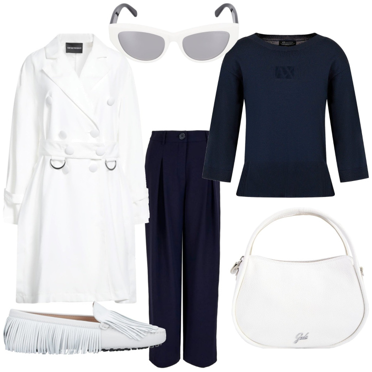 Outfit donna - Trendy per l ufficio. Stile Trendy per Ufficio. Abbinamento con mocassini, cappotti, maglieria, occhiali da sole, pantaloni, borse a spalla.