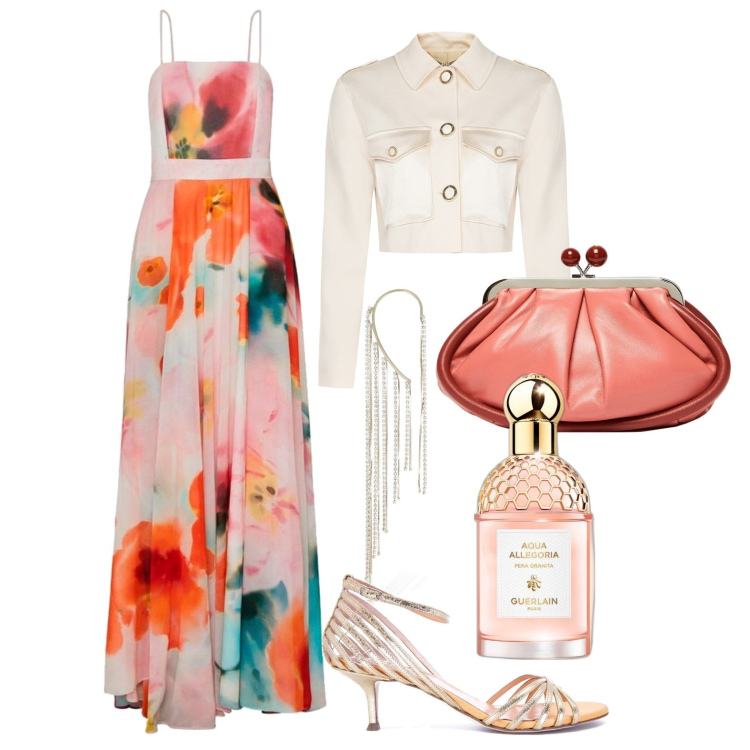 Outfit donna - Ghost outfitter - marzo. Stile Glamour per Cerimonia. Abbinamento con profumi, blazer, vestiti lunghi, orecchini, sandali col tacco, clutch.