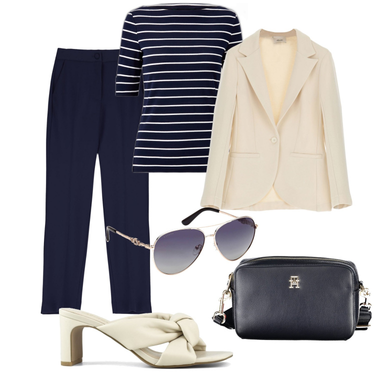 Outfit donna - Città semplice e comoda. Stile Basic per Tutti i giorni. Abbinamento con maglieria, blazer, pantaloni, sandali col tacco, borse a tracolla, occhiali da sole.