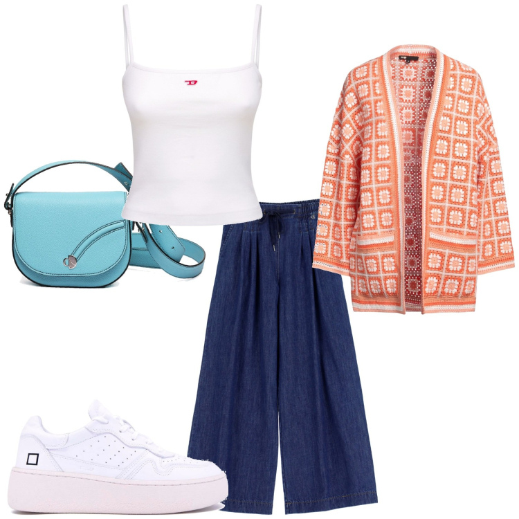 Outfit donna - Un po\' boho. Stile Boho per Tutti i giorni. Abbinamento con cardigans, jeans, borse a tracolla, canottiere, sneakers.