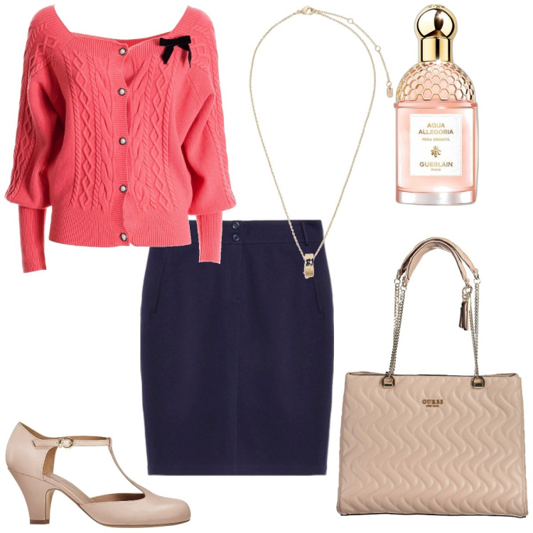 Outfit donna - La gonna blu e il cardigan romantico. Stile Bon Ton per Ufficio. Abbinamento con décolleté, profumi, cardigans, collane, gonne, borse a spalla.
