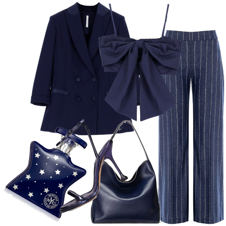Outfit donna - Blu navy. Stile Casual chic per Tutti i giorni. Abbinamento con profumi, pantaloni a palazzo, blazer, top, borse a spalla, sandali in pelle.