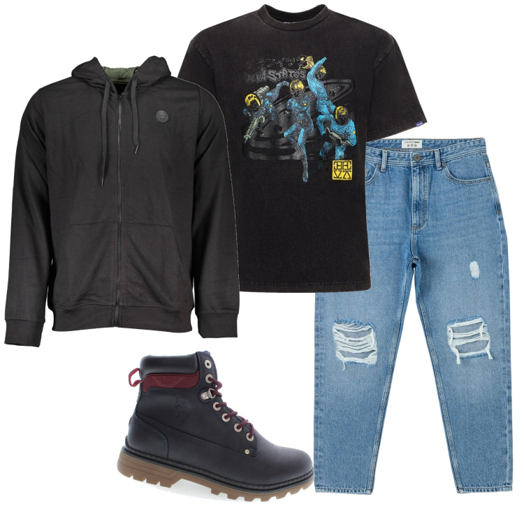 Outfit uomo - Young fashion. Stile Urban per Tutti i giorni. Abbinamento con jeans strappati, t-shirt, stivali, felpe con cappuccio.