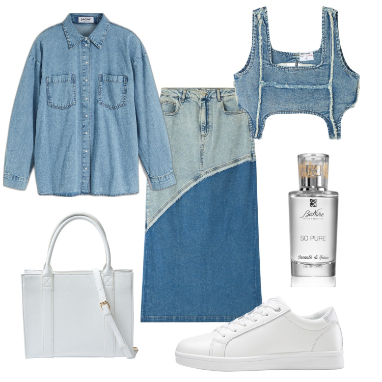 Outfit donna - La longuette di jeans. Stile Trendy per Tutti i giorni. Abbinamento con sneakers, camicie, profumi, top, gonne lunghe, shopping bag.