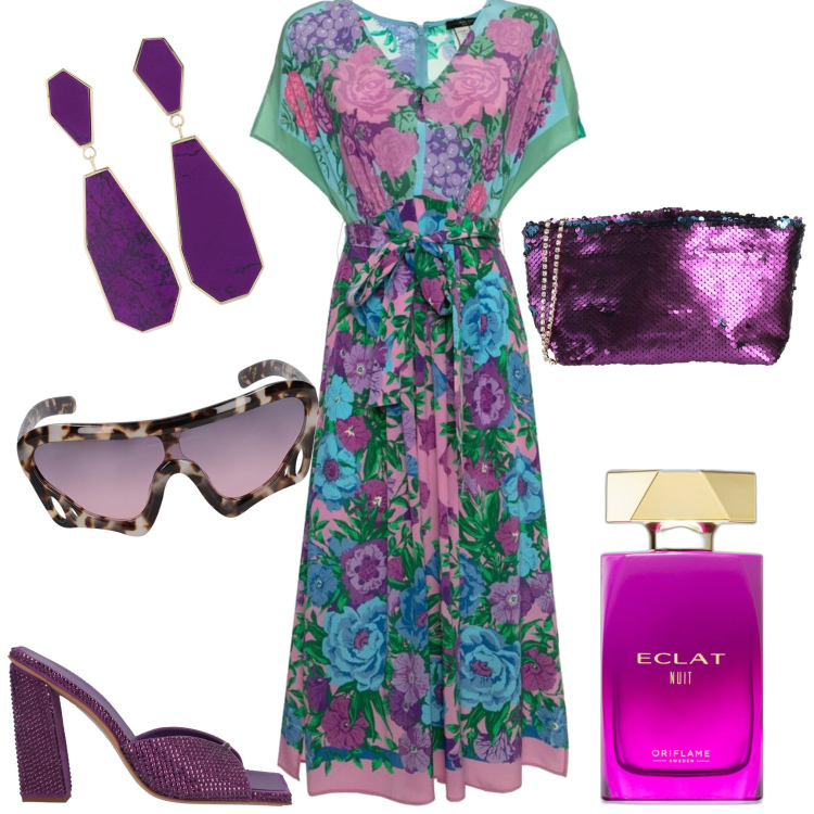 Outfit donna - Accessori viola. Stile Chic per Serata fuori. Abbinamento con borse a mano, sandali in pelle, profumi, vestiti, orecchini, occhiali da sole.